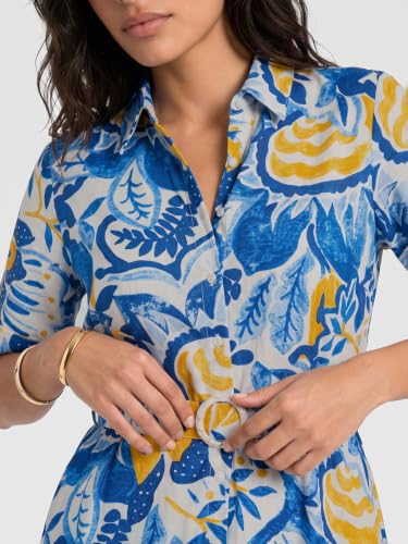 Max Women Printed Midi Dress with Belt (Blue_XS)