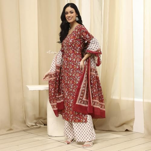 BIBA Women Brown Cotton Screen Print Unstitched Suit Set_FREE SIZE