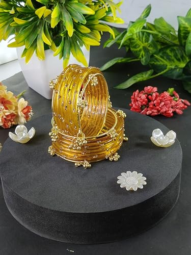 NMII Viral Multi Colour Glass Bangles with Golden Ghungroo Charms & Stone Work For Women & Girls | Trendy Kashmiri Bangles | Kangan Set For Women | Kanch Ki Chudiya - Set of 16 (NAB50_Golden-2.4)
