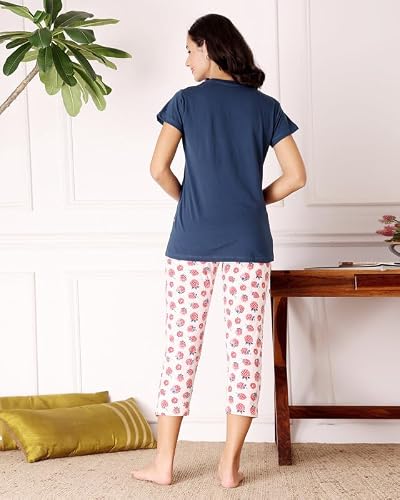 BODYCARE Women's Cotton Printed T-Shirt and Capri Set | Soft & Breathable Nightwear | Short Sleeves | Loungewear Co-Ord Set| BSCS16032_100 Multicolour
