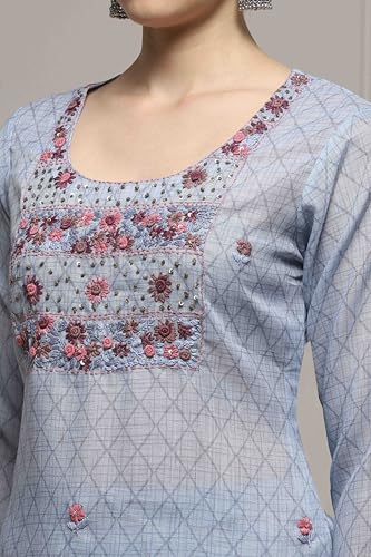 Biba Women Blue Cotton Blend Hand Embroidered Unstitched Suit Set_FREE SIZE