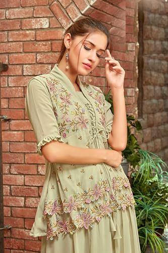 Shampysky Women's Sage Green Georgette Embroidered Jacket Style Gown with Ruffled Dupatta for Wedding XXL