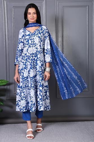 W for Woman Blue Floral Printed Lace Rayon Flared Kurta, Pants and Dupatta Set (Size: M)-WS13005-125923