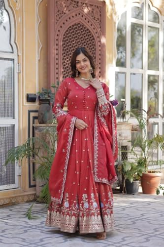 doxy craft Women's Red Anarkali Gown with Dupatta, Floral Embroidered, Full Sleeve, Festive Ethnic Wear
