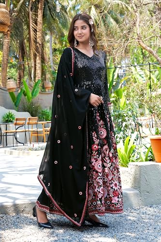 Miss Ethnik Women's Black Faux Georgette Stitched Gown with Embroidered Dupatta Full Sleeve Embroidered A-Line Gown (ME-1304-Black-XL)