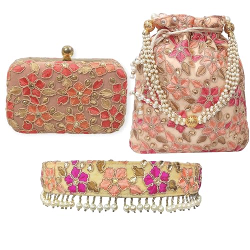 DUCHESS Women Hand Embroidered Combo of Clutch Potli Bag and Saree Belt (Pack of 3)