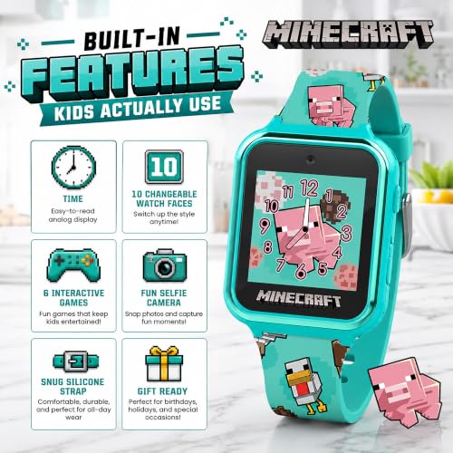 Minecraft Kids Smart Watch with Touchscreen Display, 10 Watch Faces, Games, Camera, Alarm, Timer, Step Counter & Calculator – Fun Interactive Learning Watch for Boys & Girls, Fits Wrist Sizes 5.5"-8",