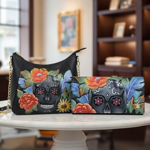 Anuschka Women’s Leather Wallet – Hand-Painted Genuine Leather Wallet with RFID Protection - 1150, Midnight Calavera
