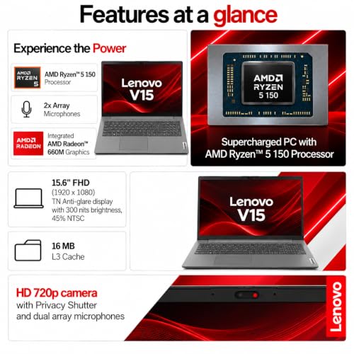 Lenovo V15 AMD Ryzen 5 150 15.6" (39.62cm) FHD 300 Nits Antiglare Thin and Light Laptop (16GB/512GB SSD/Windows 11/Office Home 2024/Luna Grey/1.65 Kg)-83V40063IG