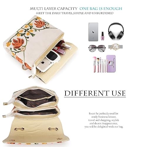 VELUCIA Womens Floral Embroidered Sling Bag With Chain Strap (Cream)