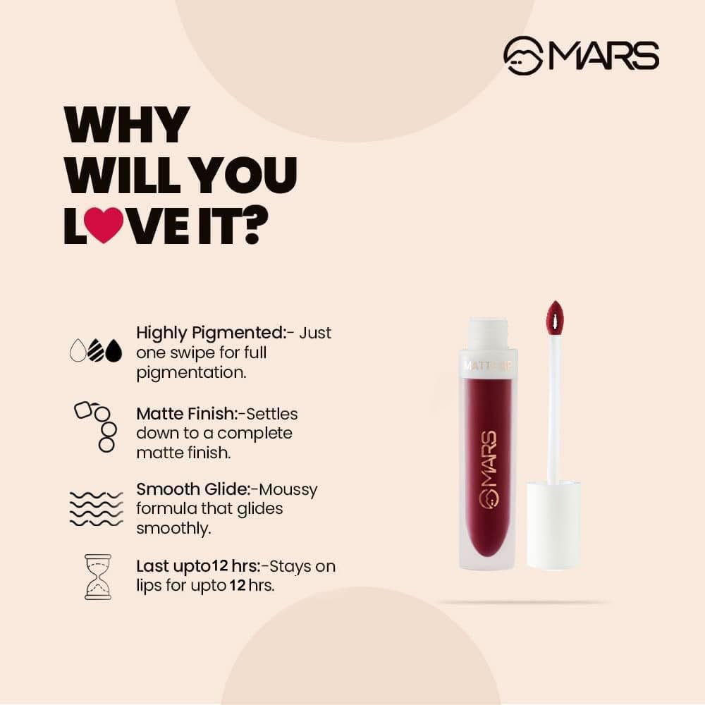 MARS Matte Liquid Lip Color | Long Lasting | Non-Transfer & Waterproof Lipstick for Women (4.5 ml) (14- Party Fever)