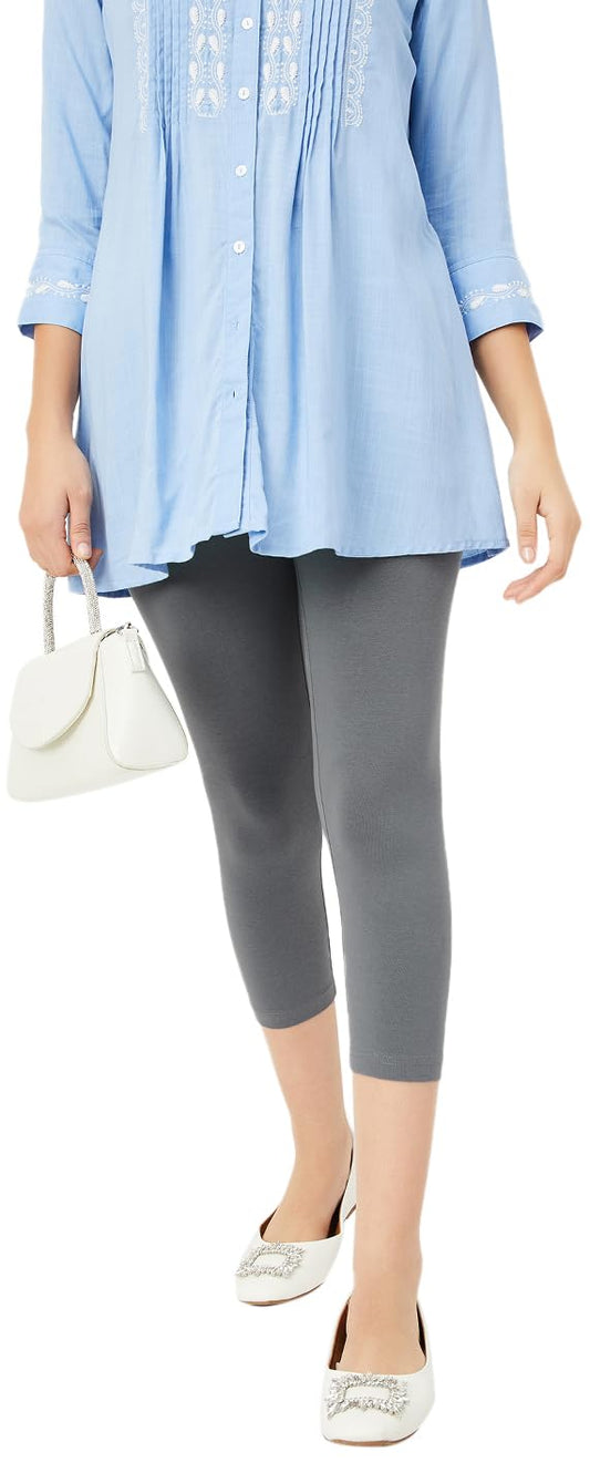 Max Women Solid Calf Length Leggings, Grey, L