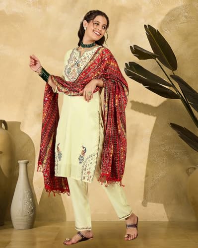 SheWill Kurta Set for Women Off White Silk Blend Zari Sequence Thread Embroidered Kurta with Pant and Dupatta