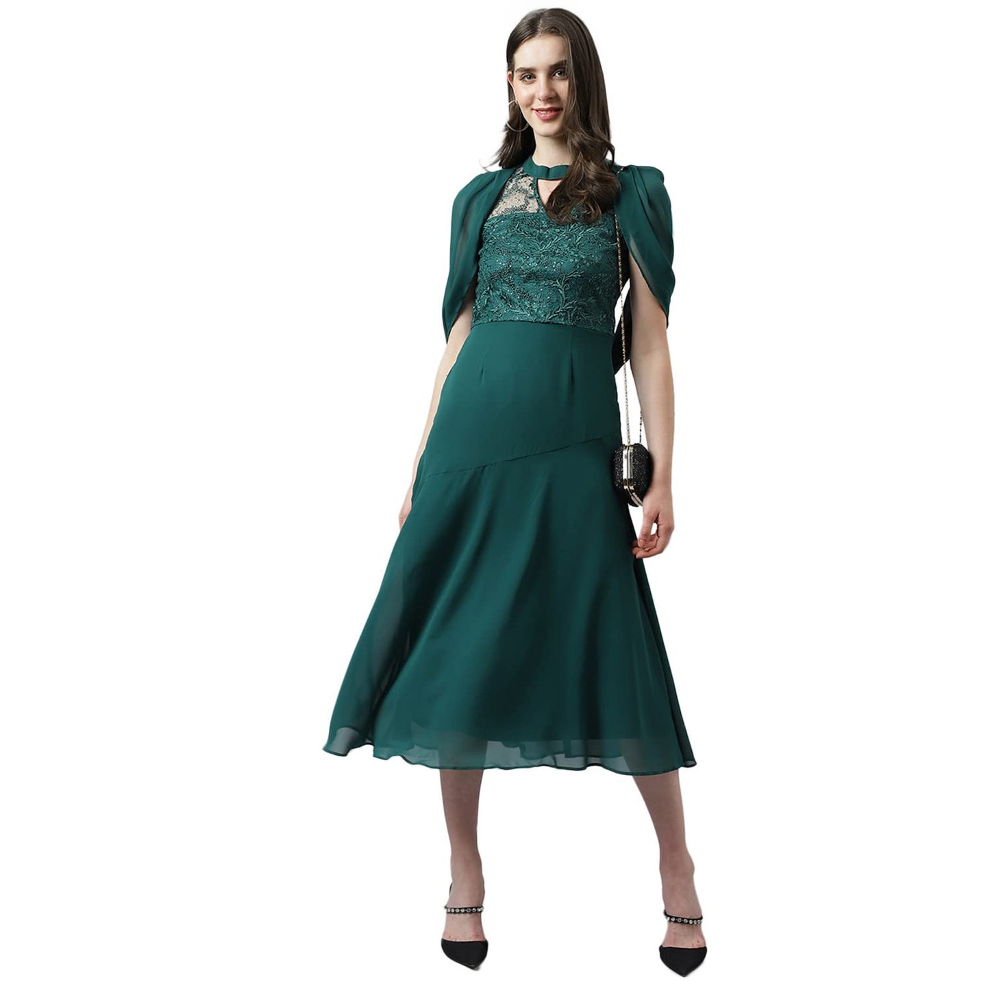 Latin Quarters Women's Green Fit & Flare Lace Midi Dress_XL