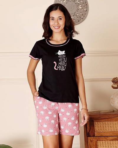 BODYCARE Women's Cotton Printed T-Shirt and Shorts Set | Soft & Breathable Nightwear | Short Sleeves | Loungewear Co-Ord Set | BSSS17019_100 Multicolour