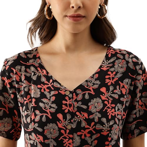 Divena Black Multi Floral Printed Rayon Ethnic Dress for Women