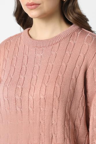 Women Peach Textured Round Neck Sweater