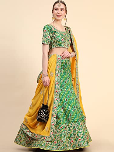 leeza store Women's Bollywood Style Silk Blend Bandhani Printed Zari And Sequins Embroidery Work Lehenga Choli With Dupatta