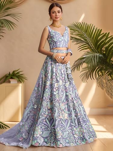 Zeel Clothing Women's Sequins Embroidered Work Soft Net Lehenga Choli With Dupatta (6020-Women-Lehenga-Choli-Latest; Free size) (White) (Purple)