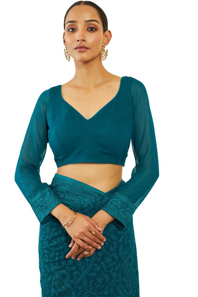 Soch Womens Teal Georgette Saree With Paisley Embroidery And Stone