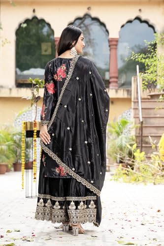 Leeli Peeri Designer Women's chinon Embroidery Kurta Palazzo and Dupatta Set