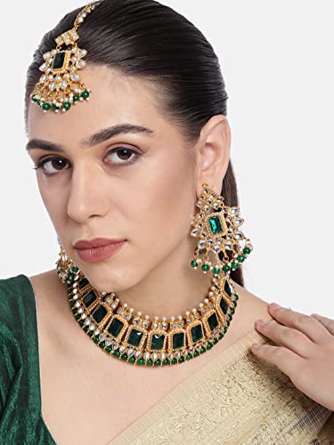 Peora Gold Plated Green Kundan Dangling Pearls Necklace Earring MaangTikka Jewellery Set for Women