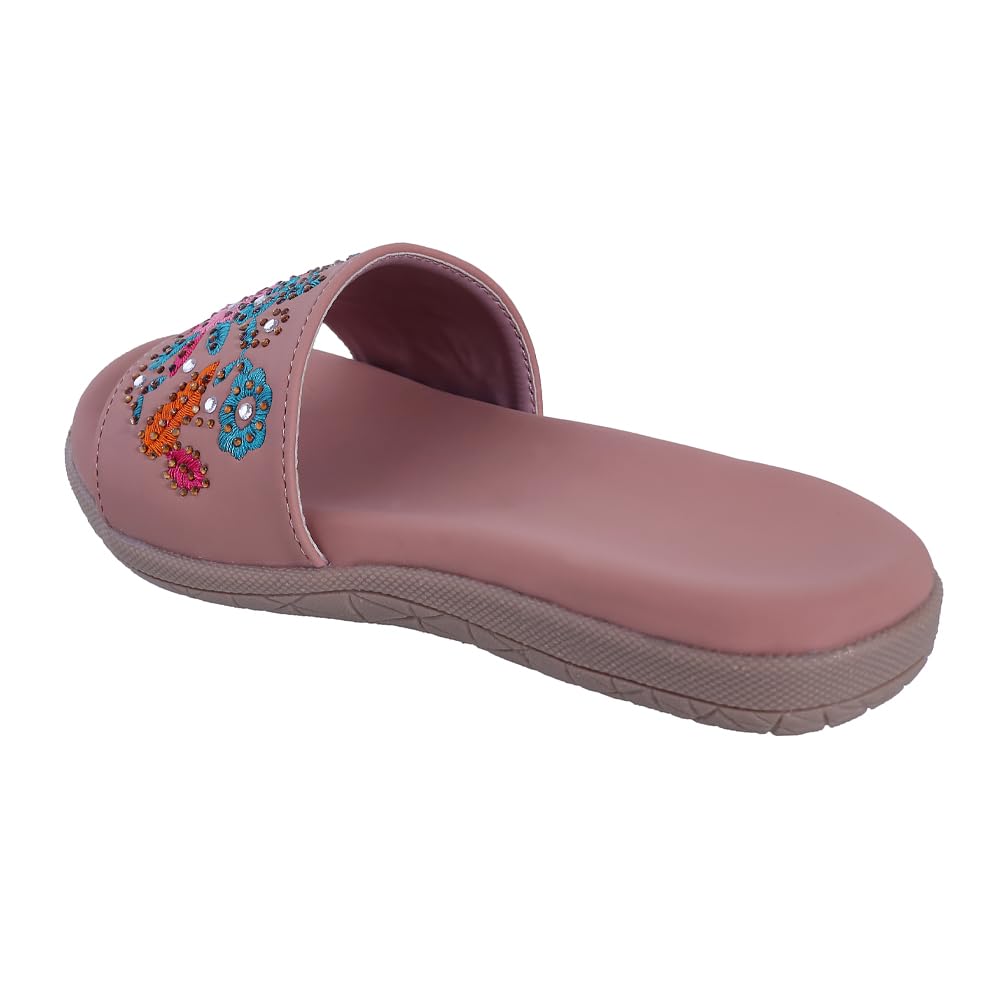 Pluxh Women Embroidered Slide Sandals | Ethnic Floral Slip-On Flats for Women | Comfortable Casual Daily Wear Fashion Sliders|5UK