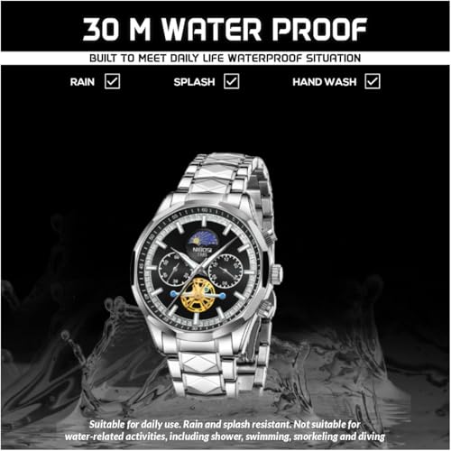 NIBOSI Chronograph Fly Wheel Watch For Men Analog Quartz Dress Diamond Business Stainless Steel Watches Date Luxury Men's Wristwatch|Birthday Gift For Men|Gift For Husband, Brother (Silver-Black)