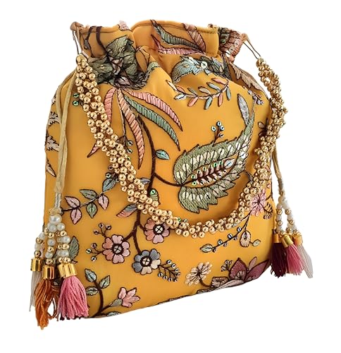 DUCHESS Women's Embroidered Polti Bag with Pearl Handle and Tassel - Bridal Ethnic Traditional Casual Purse/Clutch/Handbag, (21 L X 2 W X 23 H C, Lemon)