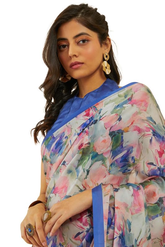 Soch Womens Blue Floral Print Crepe Saree