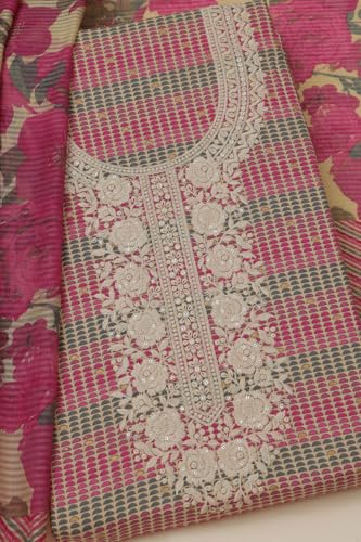 Soch Womens Fuchsia Cotton Geometric Print Unstitched Dress Material With Thread Work