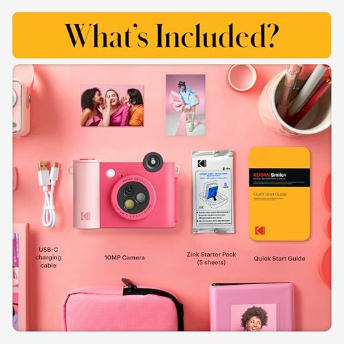 Kodak Smile+ 2-in-1 Digital Instant Print Camera & Printer Gift Bundle + Case + Zink 2x3 Sticky Back Photo Paper 20pk + Album + Sticker Sets + Sticker Frames + Hanging Frames + Markers - Fuchsia