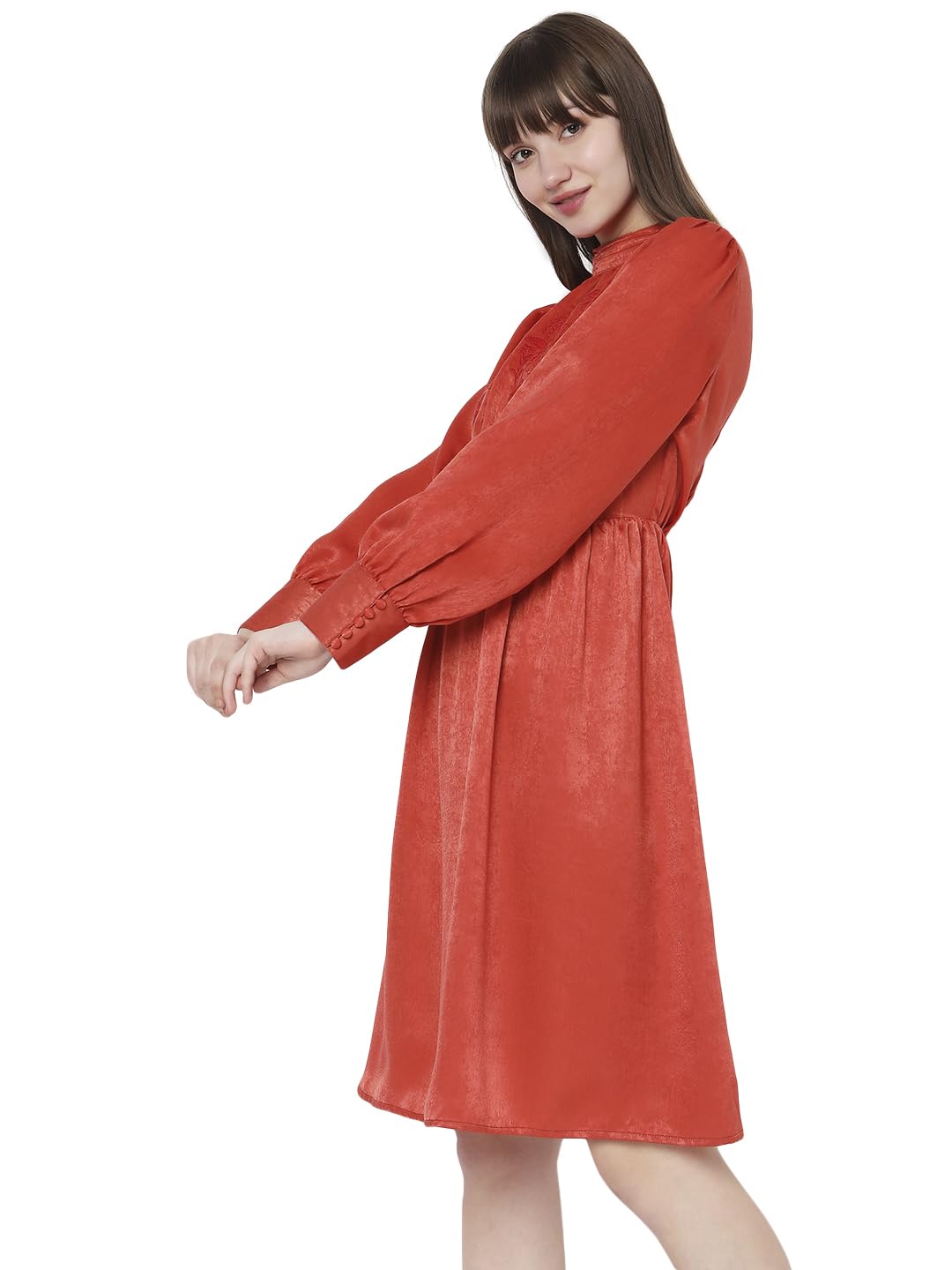VERO MODA Women's Polyester A-Line Knee-Length Dress (10299553-Burnt Sienna_Burnt M) Orange