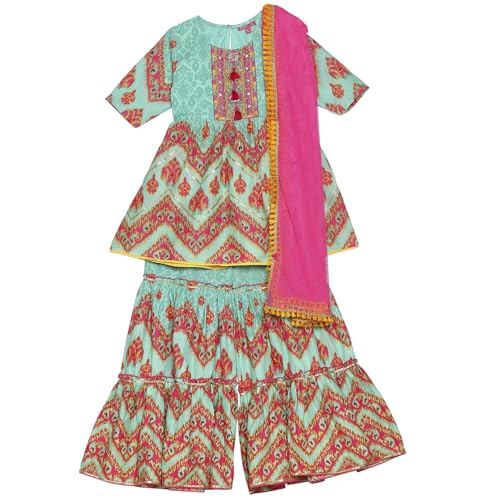 BIBA Girl's Turquoise Cotton Peplum Suit Set