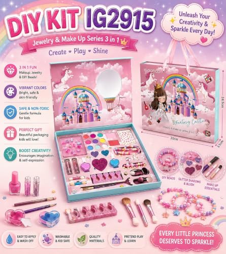 ILEARNNGROW Kids Makeup Kit 28 Piece | Washable Pretend Play Set for Girls 4+ Unicorn
