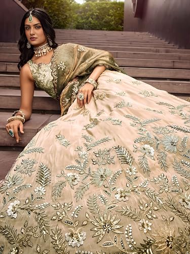Zeel Clothing Women's Dori, Sequins and Thread Embroidered Work Cosmos Silk Lehenga Choli With Dupatta (6019-Green-Women-Lehenga-Choli-Latest; Free size)