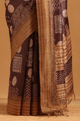 Soch Womens Brown Tussar Ethnic Motifs Kantha Embroidered Saree