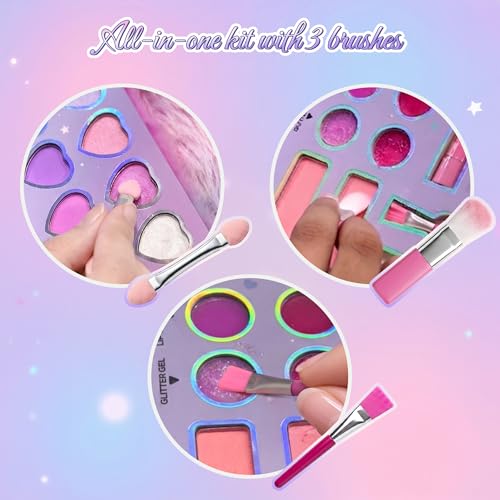 Princess by RENEE Dear Diary Makeup Kit For Kids & Preteens | With 8 Eyeshadows, 2 Blushers, 2 Lipsticks, 2 Lip Gloss Solid, 2 Glitter Gels, 3 Brushes | Dermatologically Tested, Easy To Wash | 1 Unit