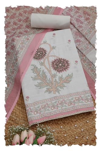 Soch Womens Off White Linen Blend Floral Print Unstitched Dress Material With Beads