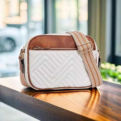 ITALISH Women Leather Crossbody Sling Bag in Geometric Pattern (White And Tan)