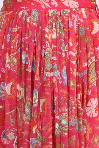W for Woman Pink Floral Printed Embellished Chiffon Sleeveless Crop Top, Skirt and Dupatta Set (Size: XS)-WS12117-124246