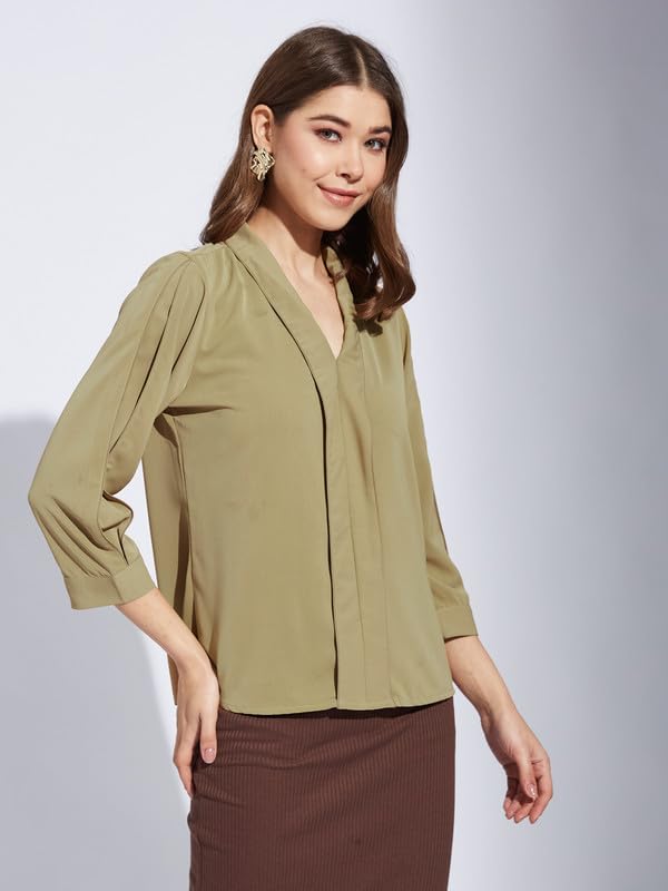 Latin Quarters Women Beige V-Neck 3/4th Sleeve Solid Top Blouse_M