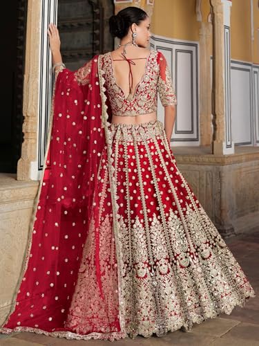 Zeel Clothing Women's Zari Sequins Embroidered Work Soft Net Lehenga Choli With Dupatta (6013-Women-Lehenga-Choli-Latest; Free size) (Yellow) (Red)