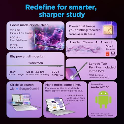 Lenovo Idea Tab Pro Gen 2 with Pen Plus {Smartchoice} 13" Display, 3.5K Resolution, 144Hz Refresh | 8GB, 256GB | Snapdragon 8s Gen 4 | 10200mAh, 4 JBL Speakers, USB 3.0 with DP-Out, Wi-Fi 7, Luna Grey