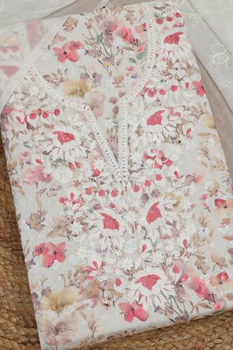 Soch Womens Cream Cotton Floral Print Unstitch Dress Material With Thread Work