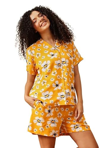 Clovia Women's Rayon Co-ord Nightwear Set – Printed Button-Down Shirt & Shorts | Lounge & Sleep Set (LS0141L02_Yellow_L)