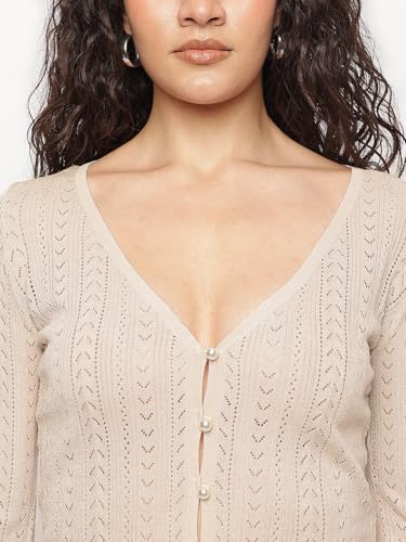 GUESS Beige Self Design V-Neck Amira Shiny Yarn Cardigans