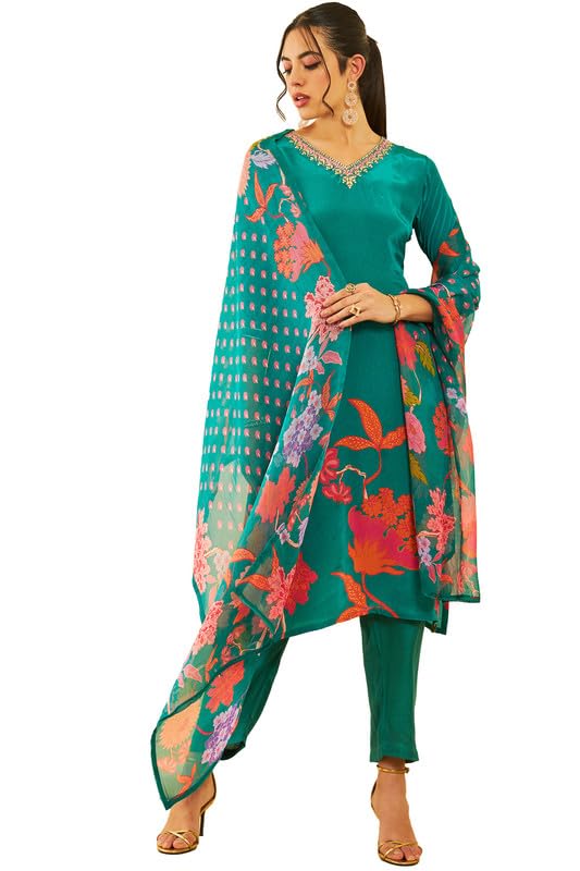 Soch Womens Teal Crepe Floral Placement Printed Suit Set With Gotta Patti