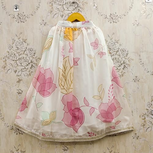 Girls Designer Lehenga Choli Set | Printed Organza Skirt with Lace Border | Georgette Embroidered One-Shoulder Blouse for Kids (2-3 Years)
