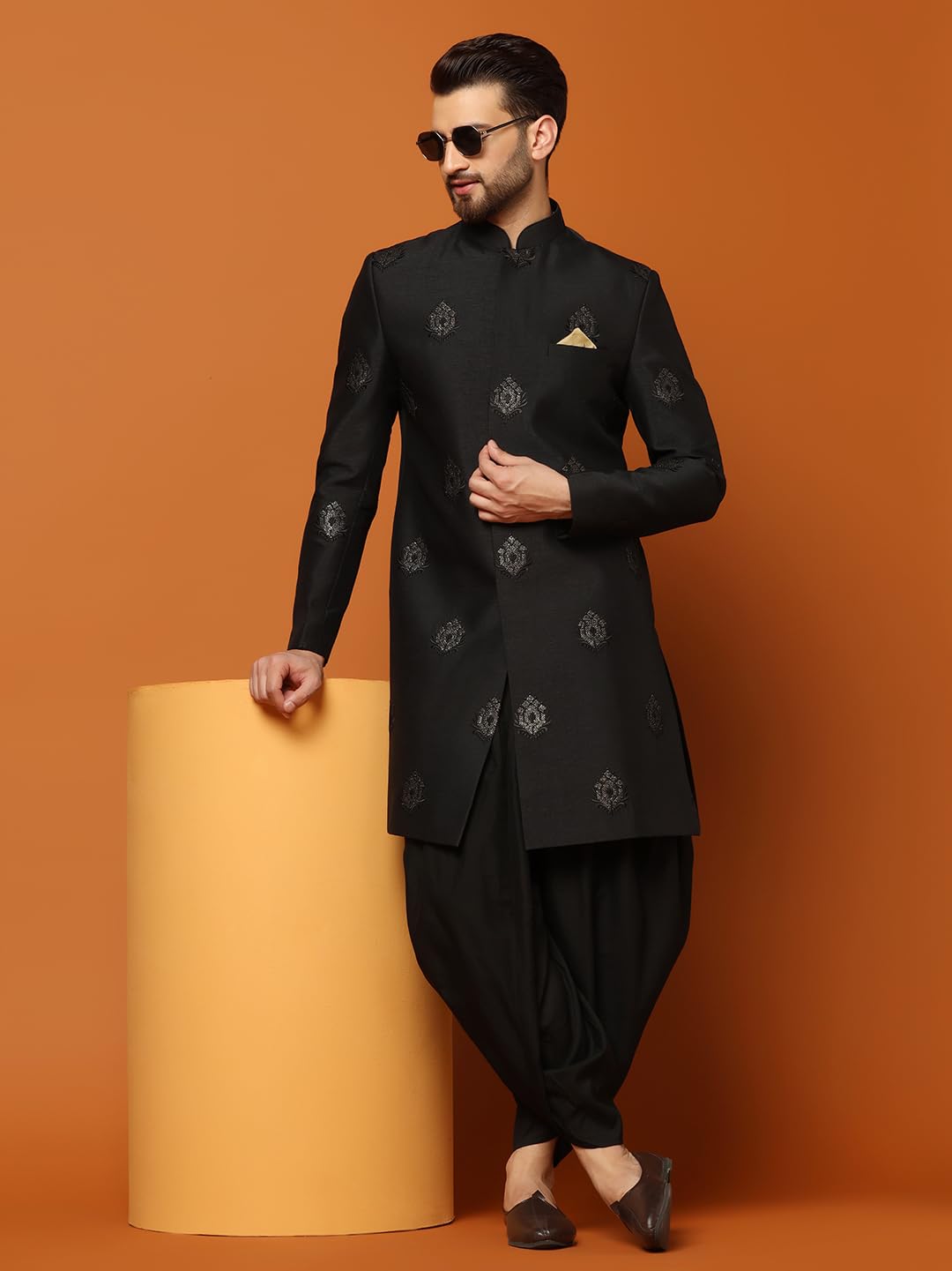 KISAH Men's Sherwani Dhoti Set, Silk Blend Full Sleaves, Knee Length, Straight, Regular Fit, Mandarin Collar Ethnic wear, 40 Black